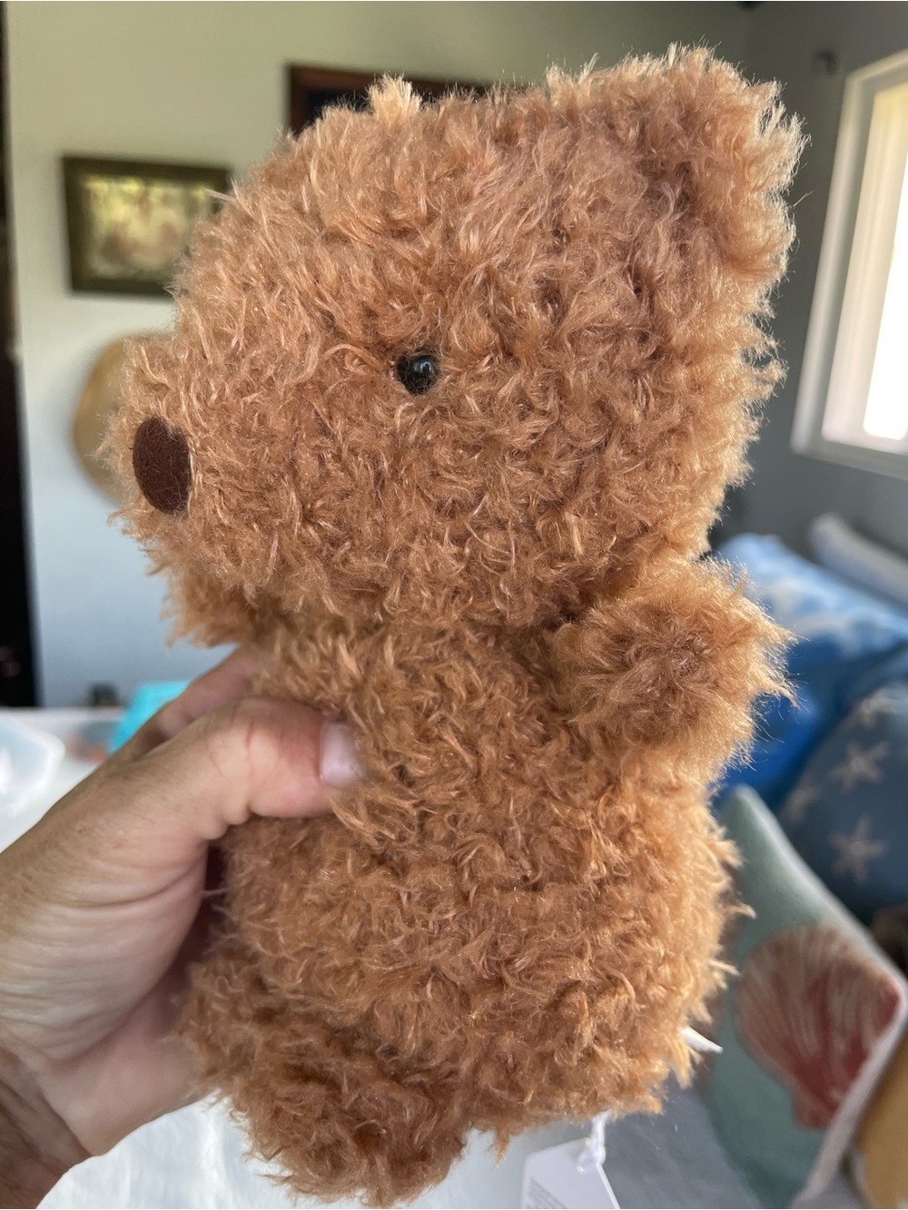 Jellycat Plush Brown Curly Bear on Blue Drawstring Bag - Picture 10 of 16